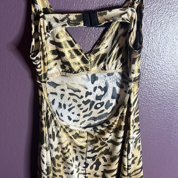 XS Guess Gold Metallic Shimmer Leopard-Print Keyhole Back Mini Dress - Picture 4 of 6